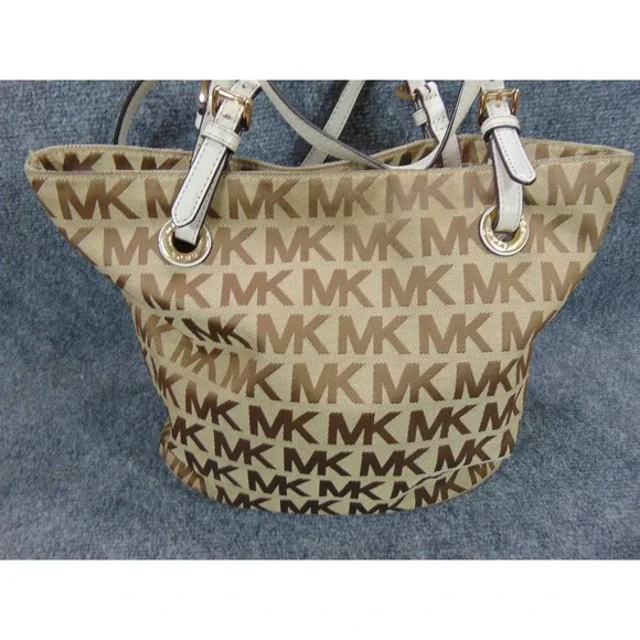 Michael Kors Tote Bag Jet Set MK Signature Logo Beige Brown Leather Trim - Picture 2 of 16